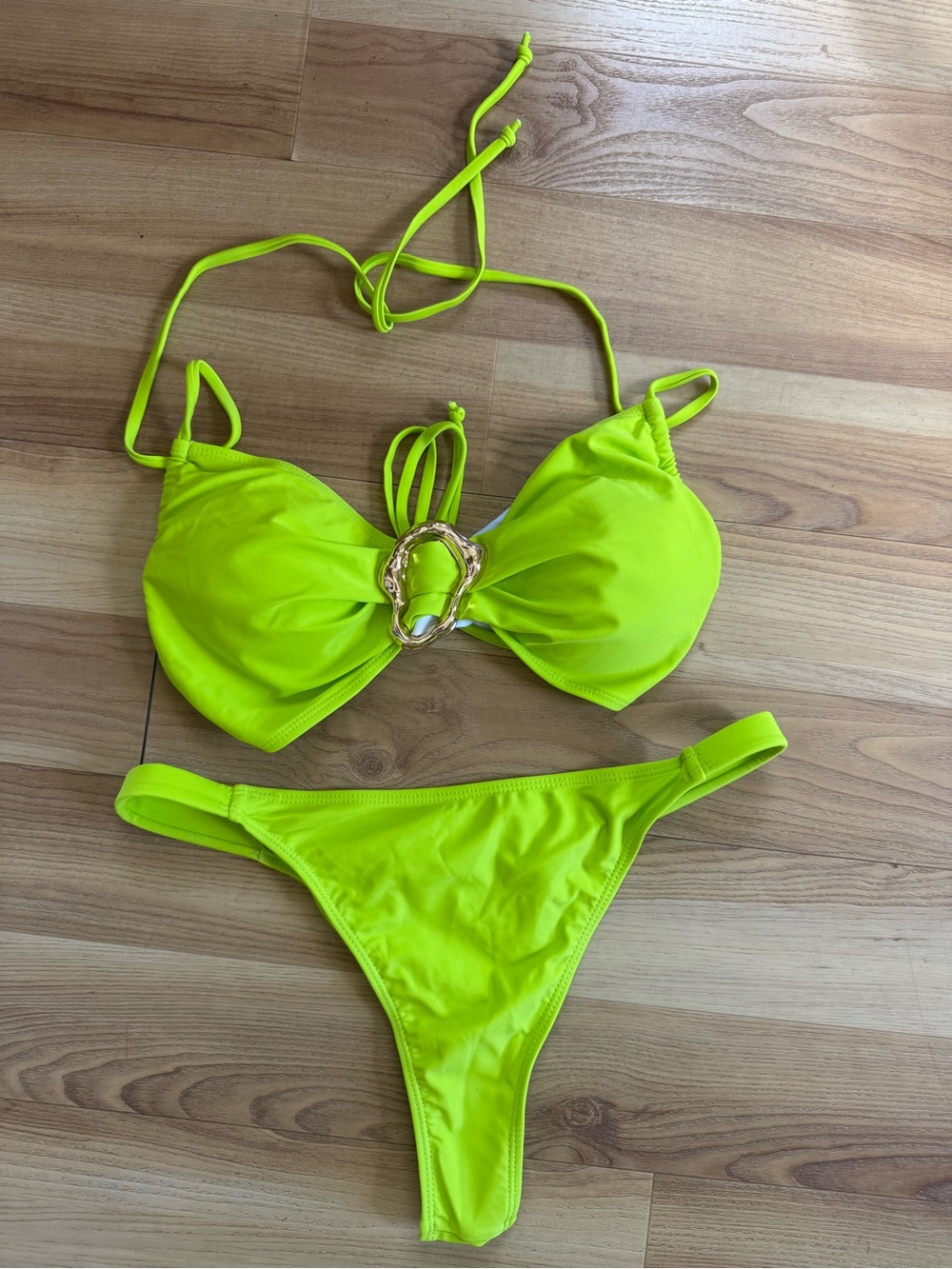 New Neon Lime Bikini Set 3 Pieces with Gold Ring Accent